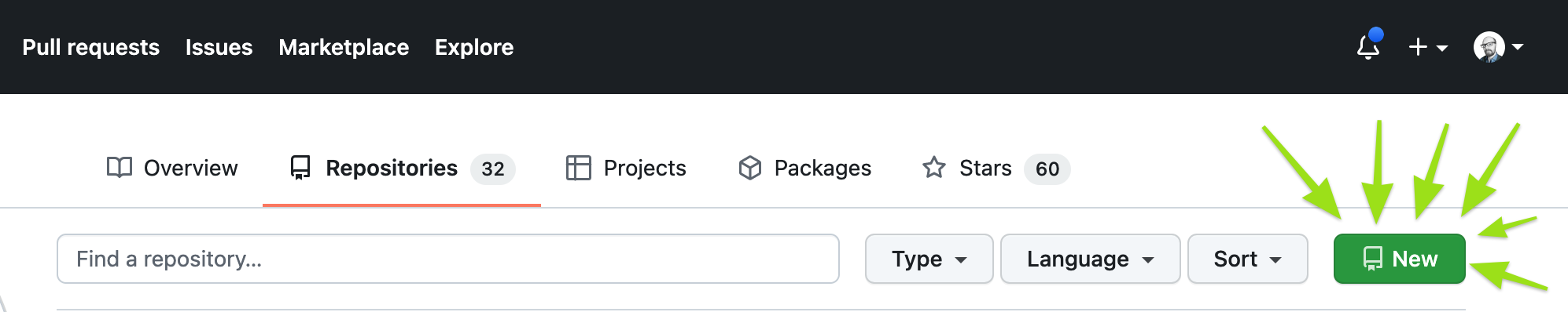 Github new repo button